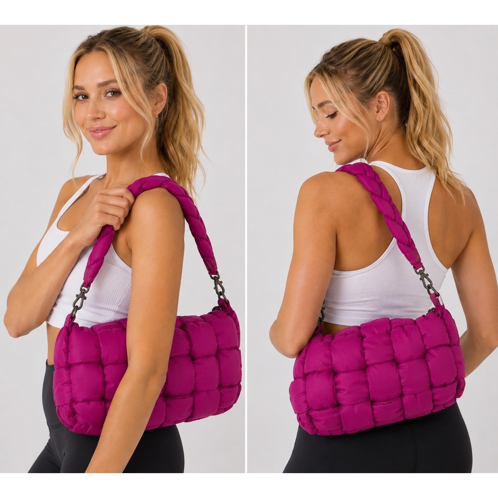 Sol and Selene Sixth Sense Medium Magenta Woven Puffer Shoulder Bag New